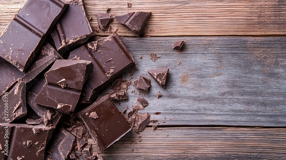 Poster Chopped dark chocolate bars scattered on a wooden surface with a rustic touch for culinary use : Generative AI