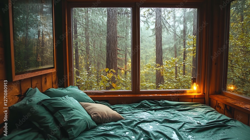 Poster Serene bedroom setting with green sheets and large window showing rain-soaked trees : Generative AI