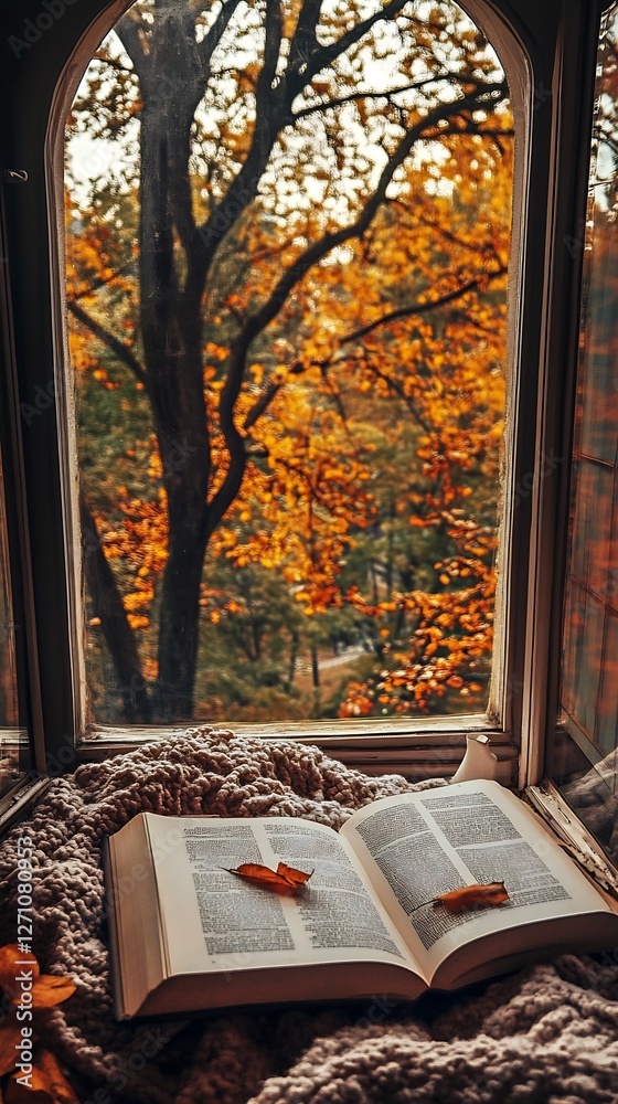 Poster open book on a cozy windowsill surrounded by autumn leaves and vibrant fall colors visible outside :
