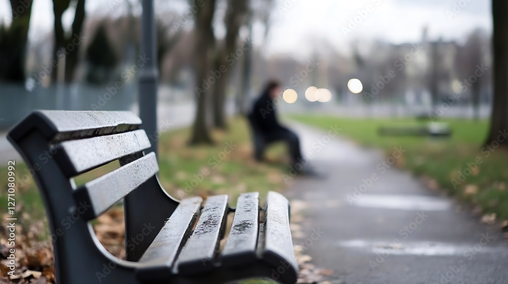Poster wet park bench in autumn with a person sitting nearby in an outoffocus urban environment : generativ