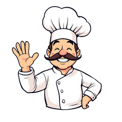 Smiling cartoon chef waving and wearing white toque and uniform