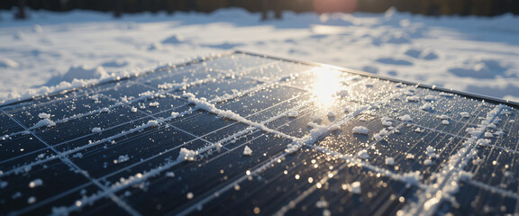 A single solar panel with a thin layer of ice glistening under direct sunlight, with reflections
