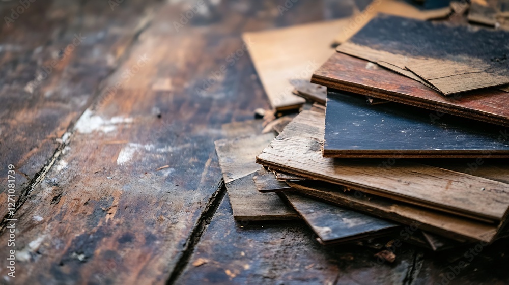 Poster Diverse assortment of wooden scraps resting on a textured surface representing DIY projects and craftsmanship : Generative AI