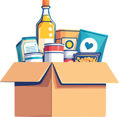 Cardboard box overflowing with food donations for charity