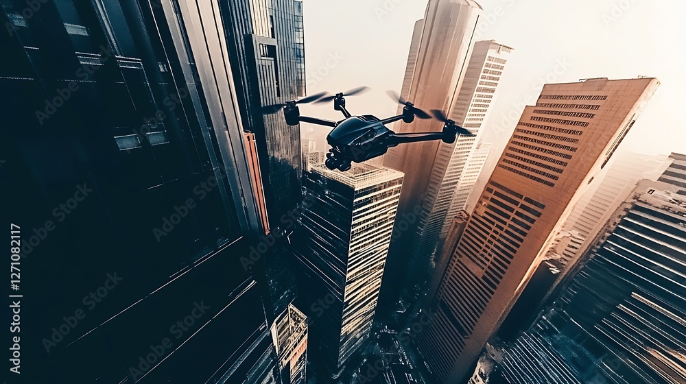Aufkleber Close up view of a drone navigating through an urban core surrounded by skyscrapers : Generative AI