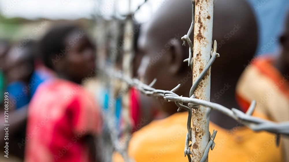 Poster Powerful image of individuals behind a rusty barbed wire fence conveying a sense of confinement and struggle : Generative AI
