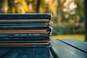 A neatly stacked pile of books or notebooks sits on a dark wooden table outdoors, with a blurry green background.