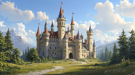 Majestic Castle in Mountain Landscape: A breathtaking illustration of a grand castle, perched gracefully amidst a verdant landscape, under a cerulean sky. 
