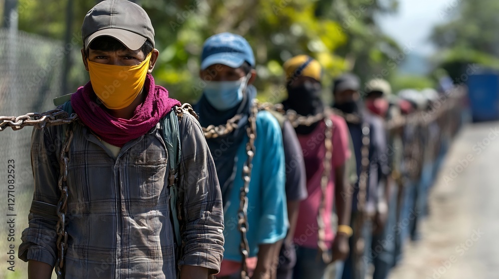 Poster dramatic scene of chained individuals wearing masks highlighting the issues of labor and freedom dur