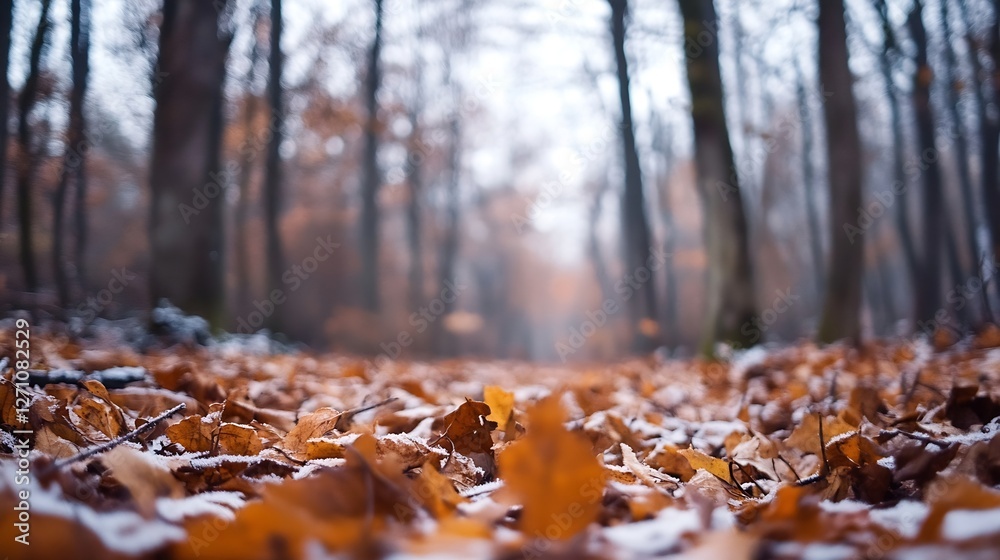Poster tranquil woodland path covered in autumn leaves with a soft snowfall creating a serene winter atmosp