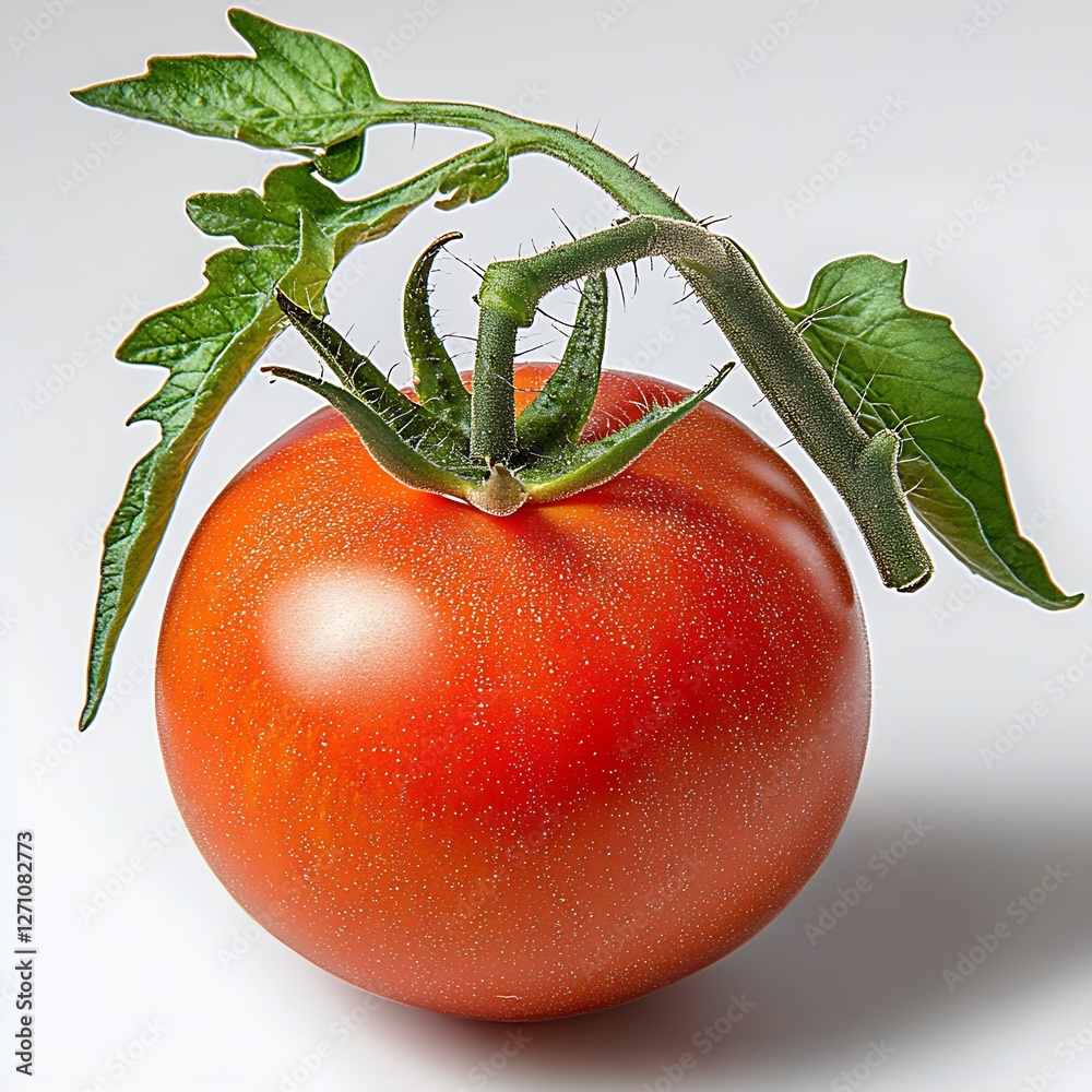 Poster vibrant ripe tomato with delicate green stem and leaf arrangement against a soft backdrop : generati