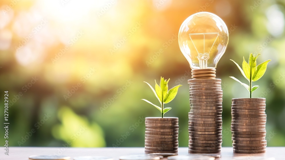 Poster bright lightbulb glowing over stacks of coins symbolizing energy saving and financial growth : gener