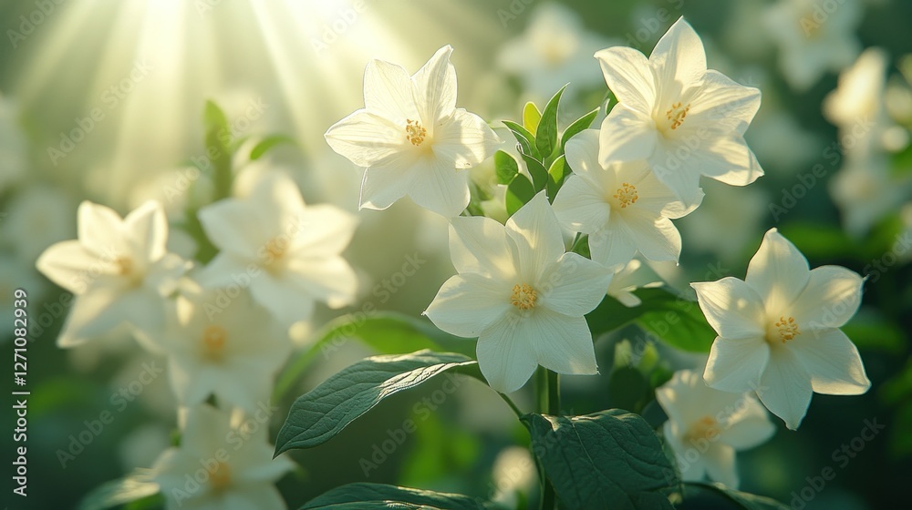 Poster Sunlight on white flowers in garden