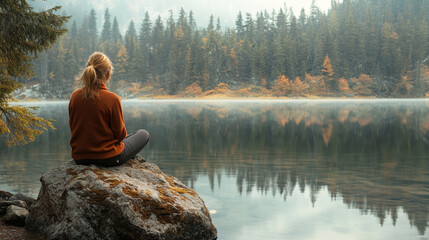 A woman enjoying a quiet moment in nature, sitting on a rock near a tranquil lake, practicing mindfulness and breathing deeply —ar 16:9 
