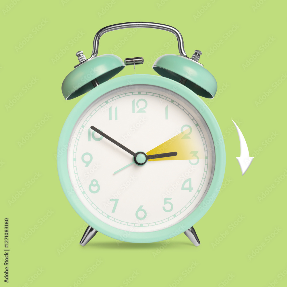 Poster Daylight saving time. Turquoise alarm clock on light green background. Highlighted area and arrow showing time change by one hour forward