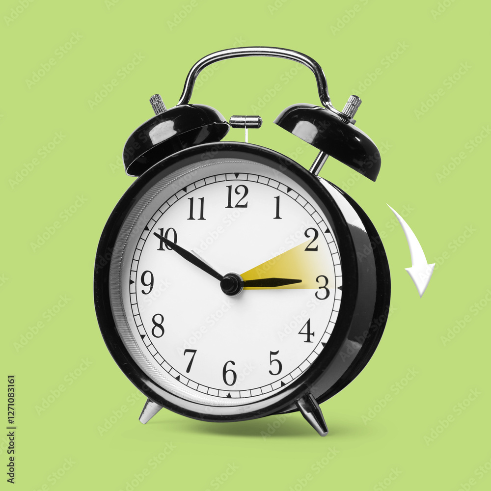 Poster Daylight saving time. Black alarm clock on light green background. Highlighted area and arrow showing time change by one hour forward