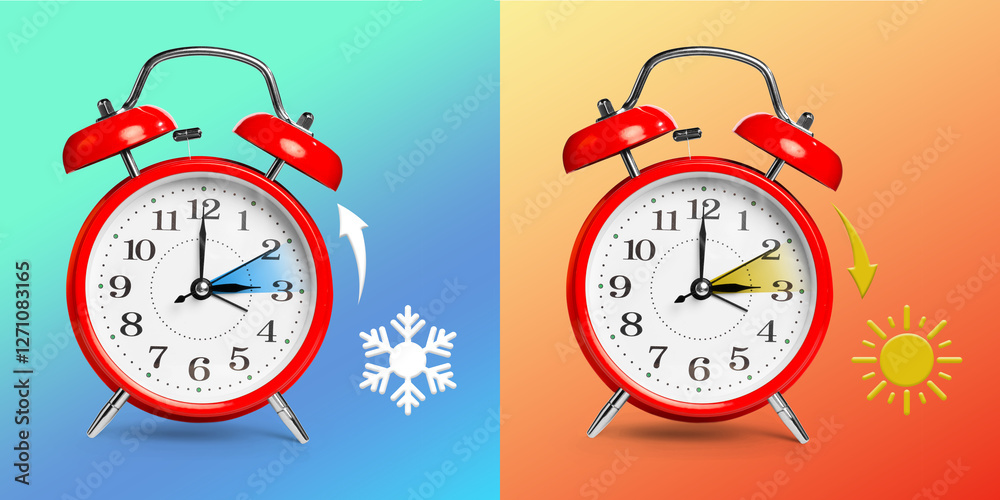 Aufkleber Daylight saving time. Red alarm clocks on color background, collage. Highlighted areas and arrows showing time change by one hour forward and back