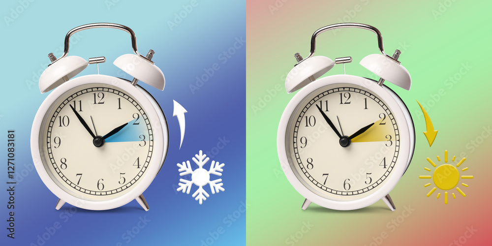 Poster Daylight saving time. White alarm clocks on color background, collage. Highlighted areas and arrows showing time change by one hour forward and back