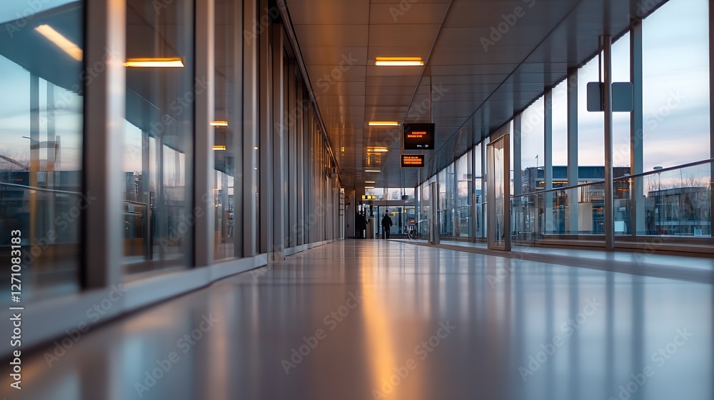 Poster Modern Airport Terminal Corridor With Large Windows and Travelers Passing Through : Generative AI