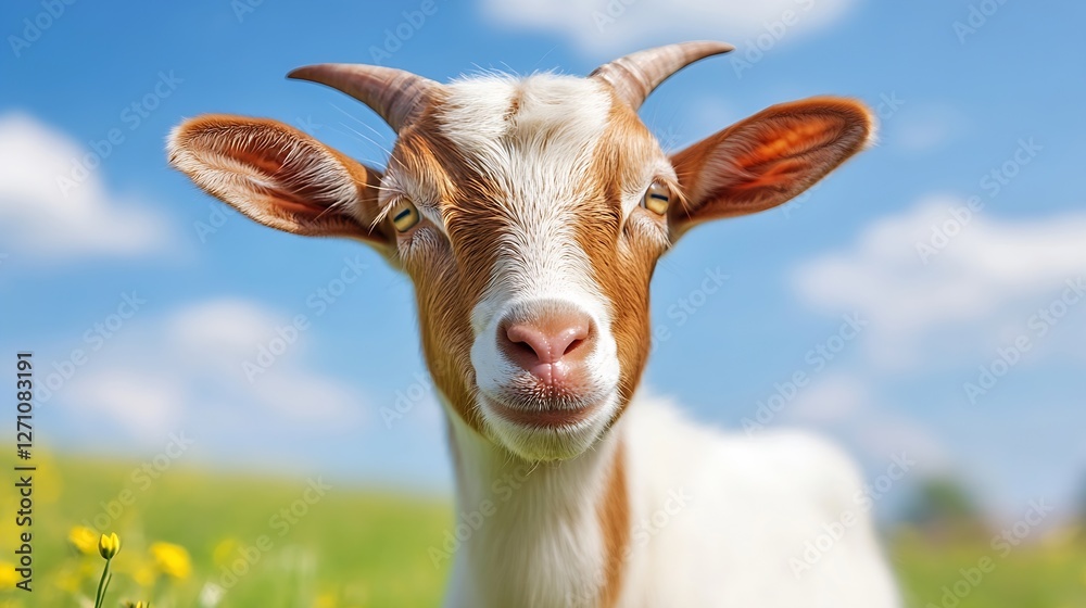 Poster cute goat with funny expression looking directly at the camera against bright blue sky : generative 