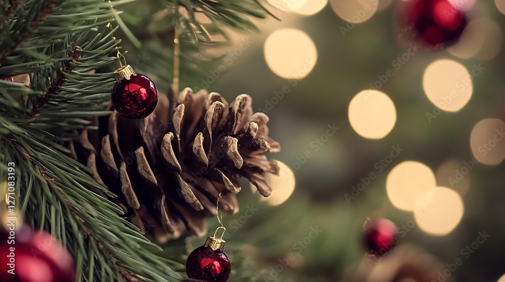 Poster beautiful close up of pine cone and christmas ornaments on evergreen tree with blurred lights : gene