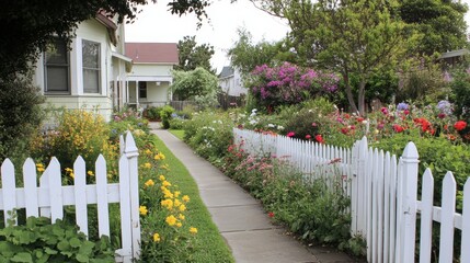 Charming Walkway Garden Path - A picturesque walkway winds through a vibrant garden, bordered by a white picket fence. Colorful flowers bloom in abundance