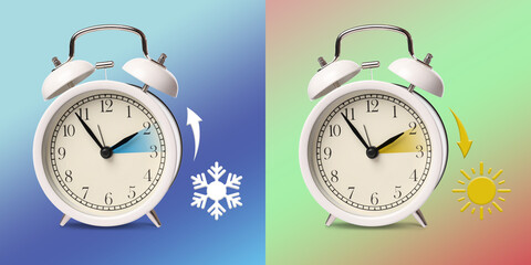 Daylight saving time. White alarm clocks on color background, collage. Highlighted areas and arrows showing time change by one hour forward and back