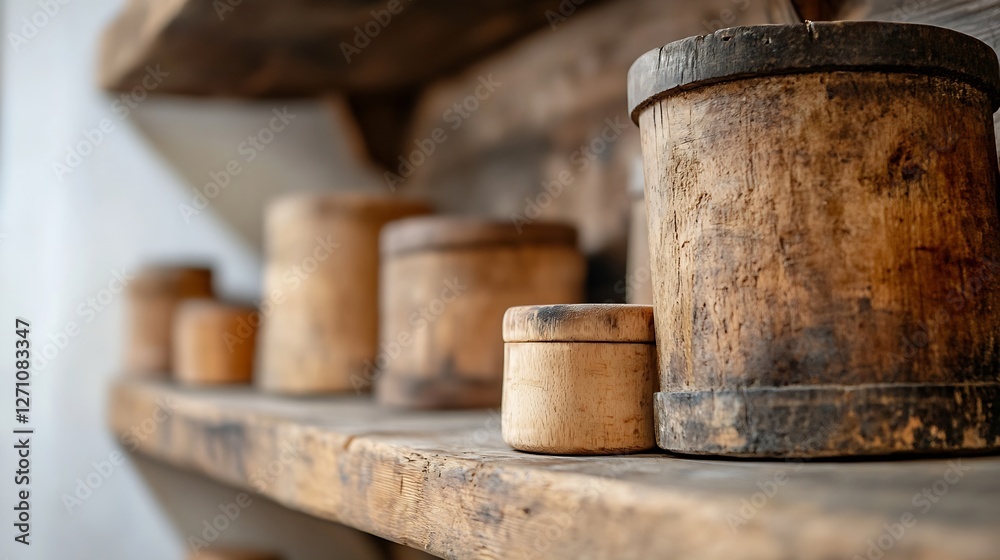 Leinwandbilder rustic wooden containers arranged on a shelf showcasing a vintage aesthetic in a warm setting : gene