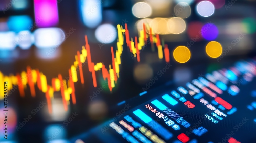 Poster vibrant digital stock market data visualization showing fluctuations and trading activity in colorfu