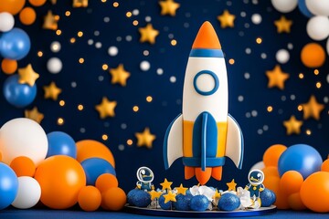 A space-themed birthday party with a rocket-shaped cake and astronaut decorations. Generative AI