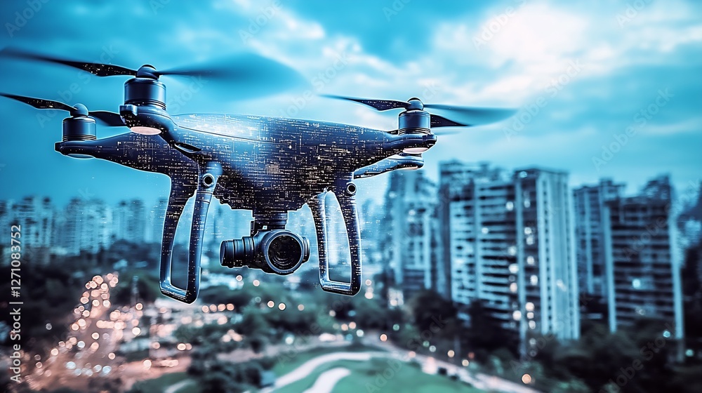 Poster advanced drone hovering over a vibrant urban landscape illuminated by city lights at twilight : gene