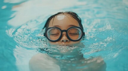 Naklejka premium Myopia prevention with a child wearing glasses swimming in a pool. Sports, fitness, and eye health