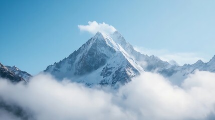 Stunning view of snow capped mountain peaks rising above the clouds under a clear blue sky : Generative AI