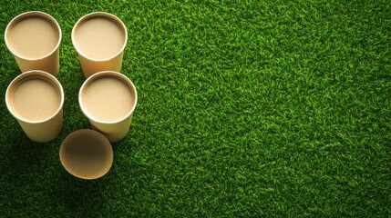 Set of four plastic cups in different shapes and sizes arranged on green grassy field. Concept of environmental awareness and the importance of recycling waste to reduce ecological impact.