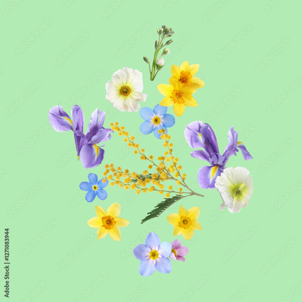 Sticker Beautiful spring flowers flying on pastel green background