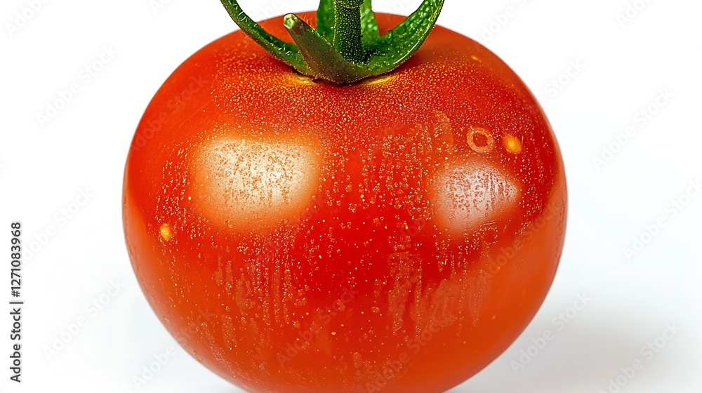 Aufkleber ripe red tomato with shiny skin and droplets on a white background emphasizing freshness and quality