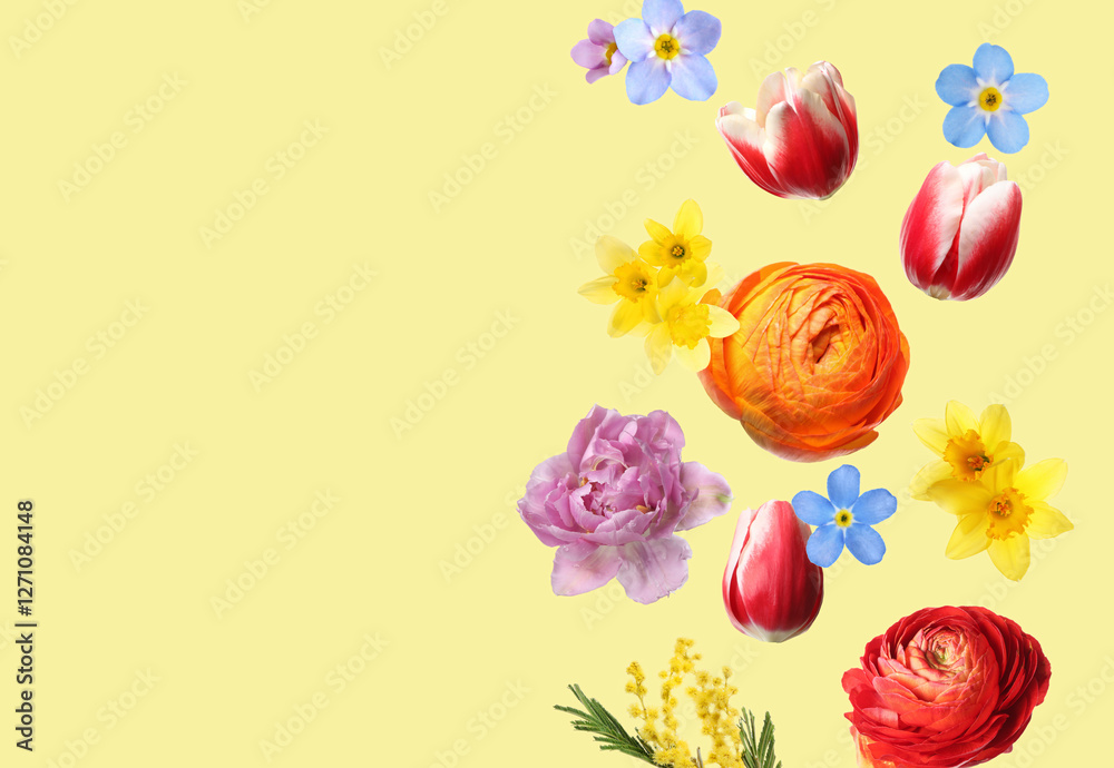 Sticker Beautiful spring flowers flying on pastel yellow background. Space for text