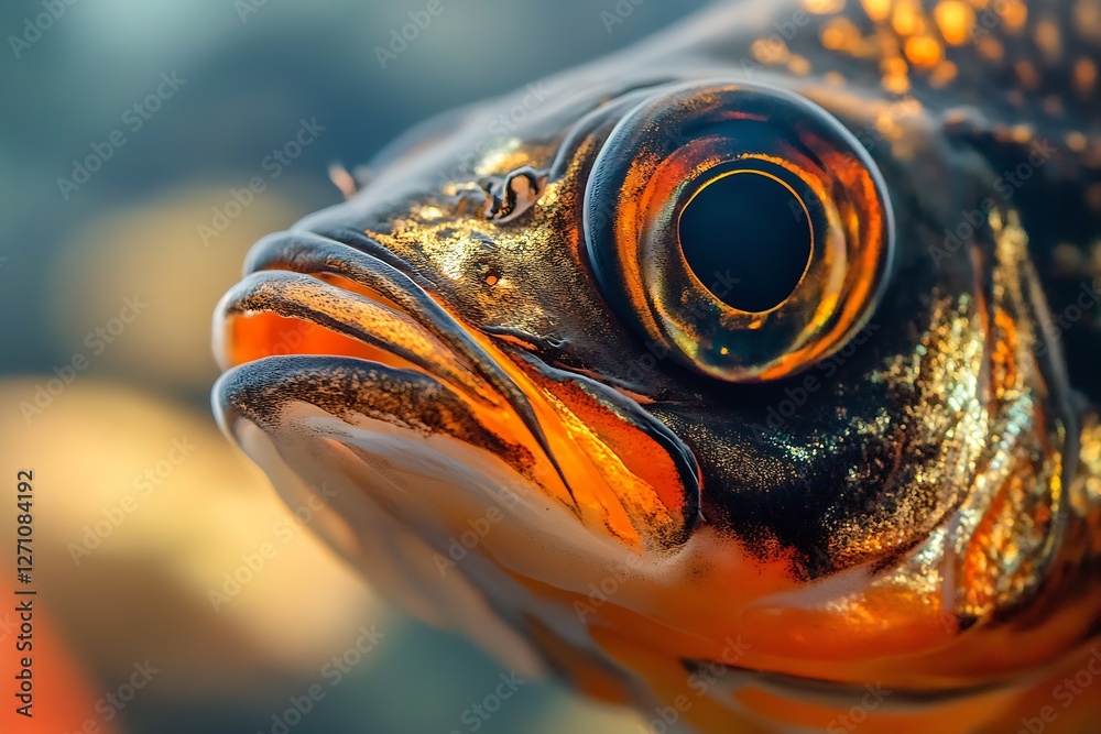 Poster close up of a vibrant fish showcasing its detailed scales and expressive features underwater : gener