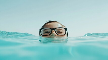Naklejka premium Myopia prevention with a child wearing glasses swimming in a pool. Sports, fitness, and eye health
