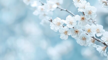 Delicate spring blossoms on branch, soft focus, light blue background, nature, serenity, visual appeal, artistic composition