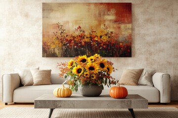 Autumnal living room decor with sunflowers, pumpkins, and an abstract painting.