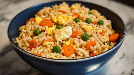 Bowl of Japanesestyle fried rice carrots peas and scrambled egg