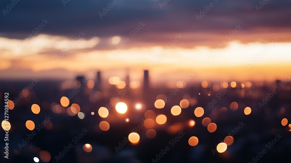 Aufkleber stunning sunset over the city skyline with vibrant blurred bokeh lights creating a dreamlike effect 