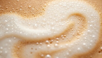 Close-up creamy chai latte foam with frothy bubbles creates warm background for beverage themes. Latte art surface textured by cappuccino swirls. Relaxing soft hot drink in a cafe.