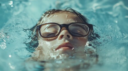 Fototapeta premium Myopia prevention with a child wearing glasses swimming in an outdoor pool. Sports, fitness, and eye health