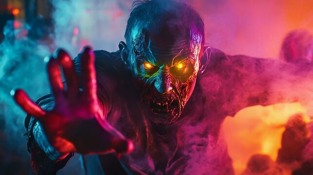 A terrifying zombie reaching out with glowing eyes in a colorful, smoky environment, perfect for horror and Halloween themes.