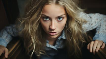 Fototapeta premium A girl with blond hair looking straight into the camera with an intense gaze. Top view of a girl