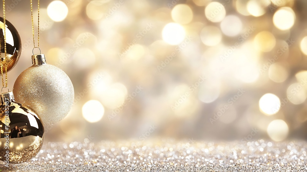 Poster festive holiday scene showcasing shimmering ornaments set against a sparkling blurred golden backgro
