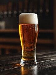 Beer in a mug, with a frothy head, sitting on a bar. Enjoyed at the pub.