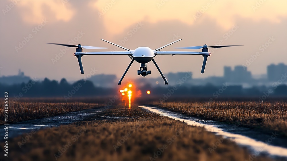 Poster drone taking off from runway at sunset with city skyline in background : generative ai